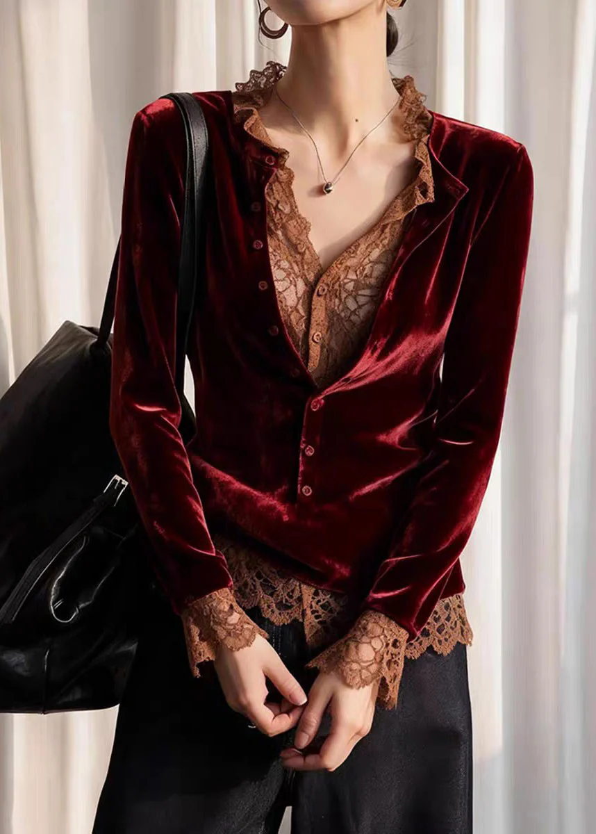 French Mulberry V Neck Lace Patchwork Silk Velour Shirt Spring - Image 3