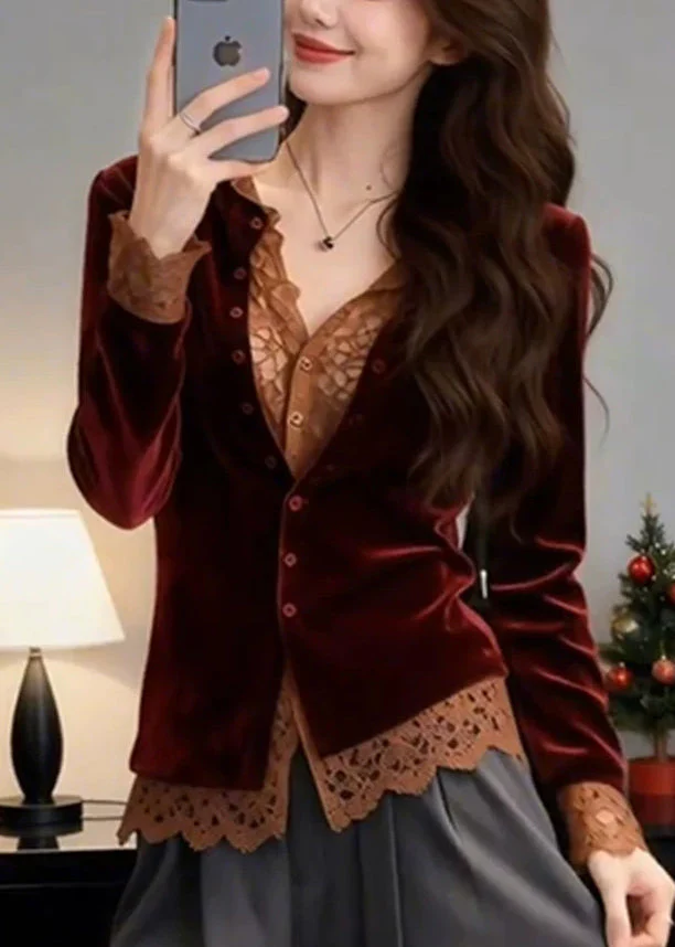 French Mulberry V Neck Lace Patchwork Silk Velour Shirt Spring - Image 4