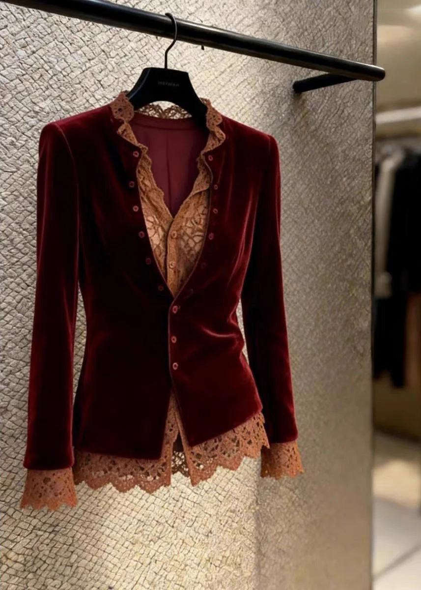 French Mulberry V Neck Lace Patchwork Silk Velour Shirt Spring - Image 5