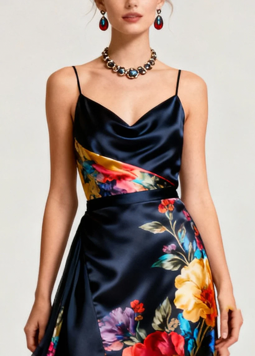 French Navy Asymmetrical Patchwork Print Silk Cami Dresses Summer - Image 2