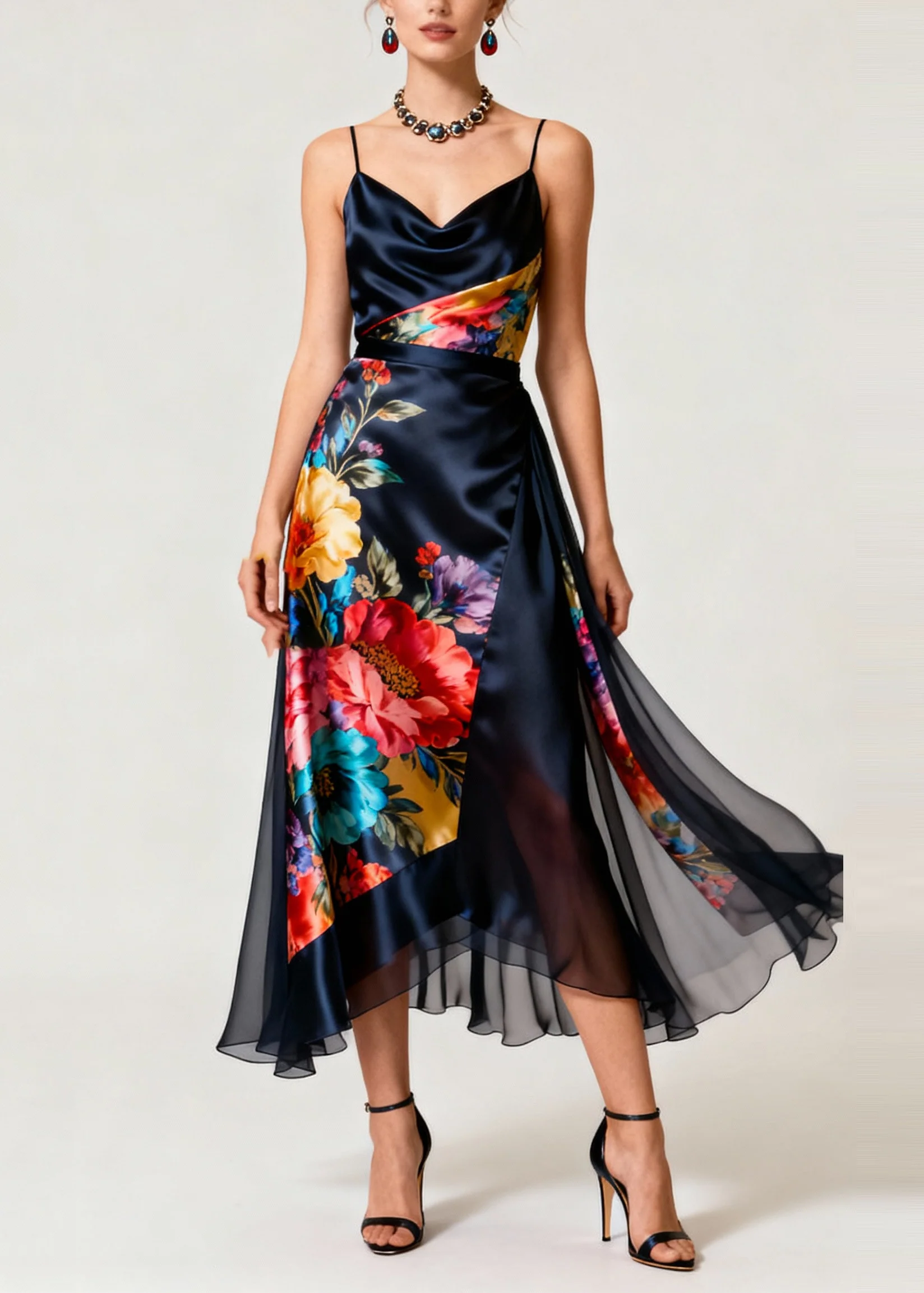 French Navy Asymmetrical Patchwork Print Silk Cami Dresses Summer - Image 3