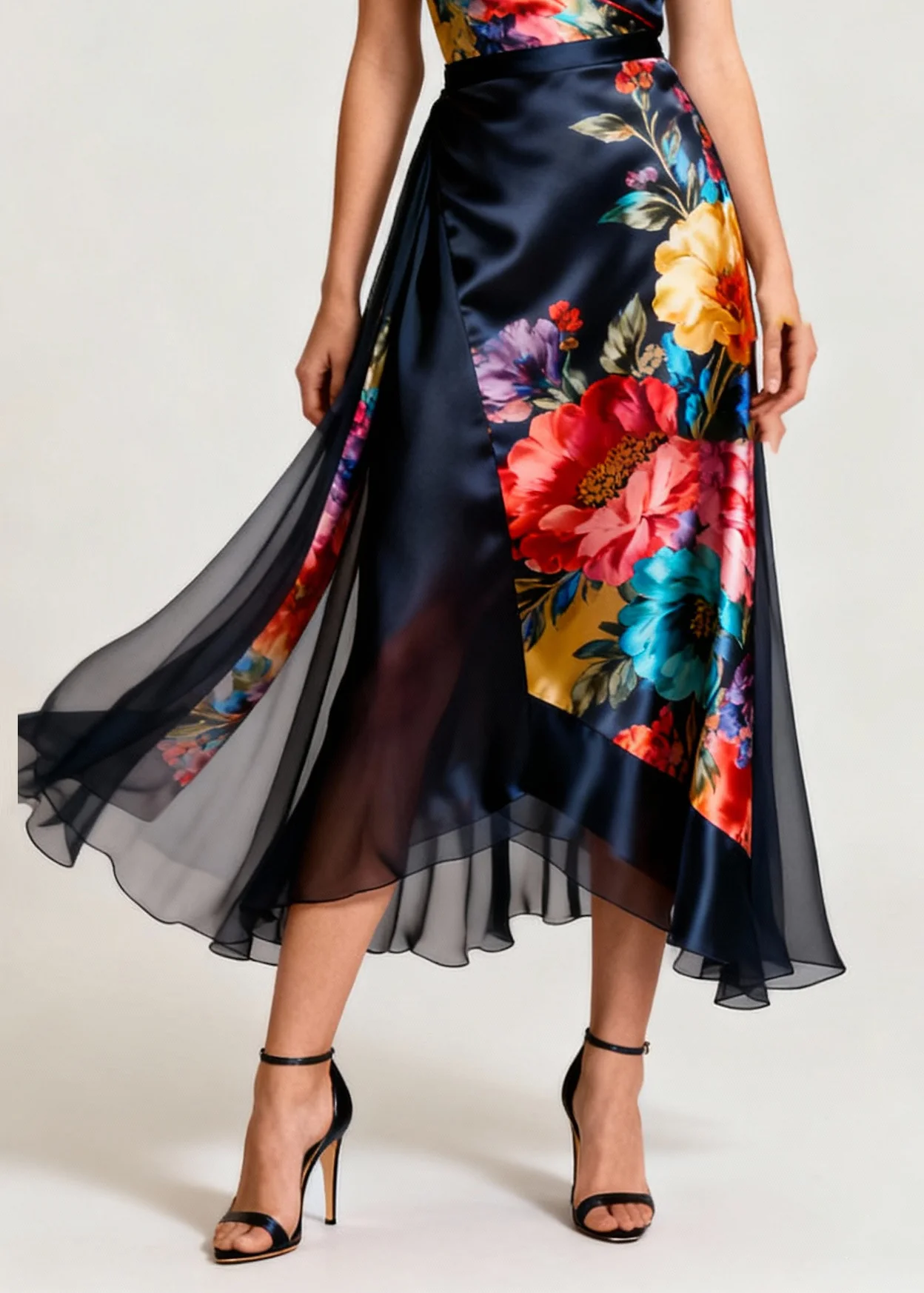 French Navy Asymmetrical Patchwork Print Silk Cami Dresses Summer - Image 4