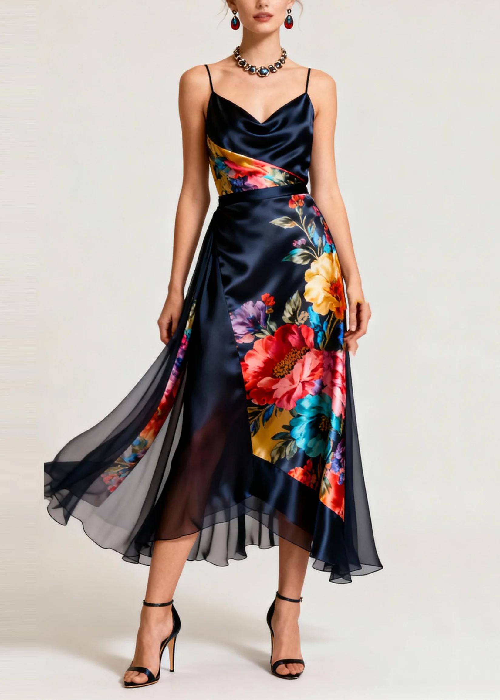 French Navy Asymmetrical Patchwork Print Silk Cami Dresses Summer - Image 5