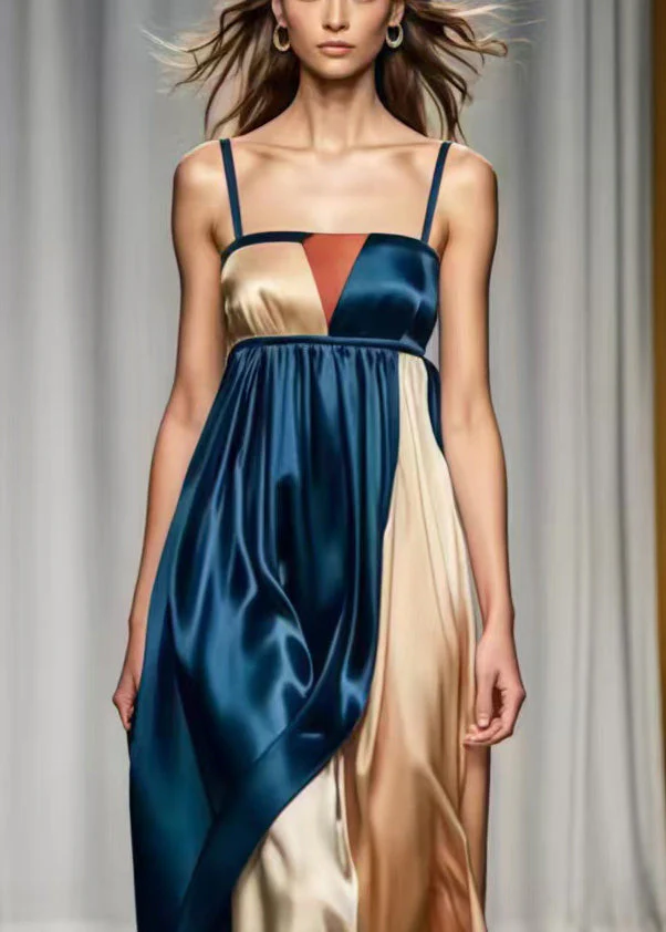 French Navy Asymmetrical Patchwork Silk Cami Dress Summer - Image 3