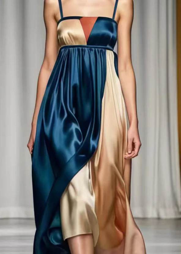French Navy Asymmetrical Patchwork Silk Cami Dress Summer - Image 4