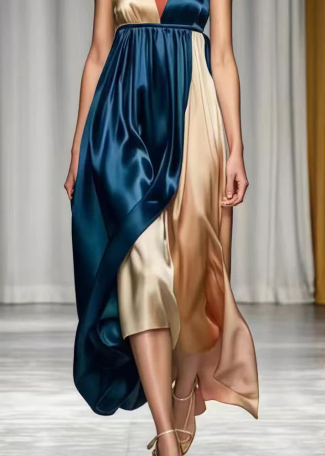 French Navy Asymmetrical Patchwork Silk Cami Dress Summer - Image 5