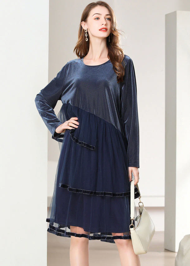 French Navy Asymmetrical Tulle Patchwork Silk Velour Dresses Spring - Image 2