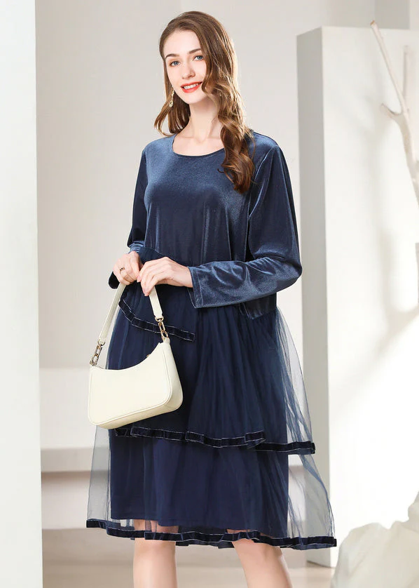 French Navy Asymmetrical Tulle Patchwork Silk Velour Dresses Spring - Image 3