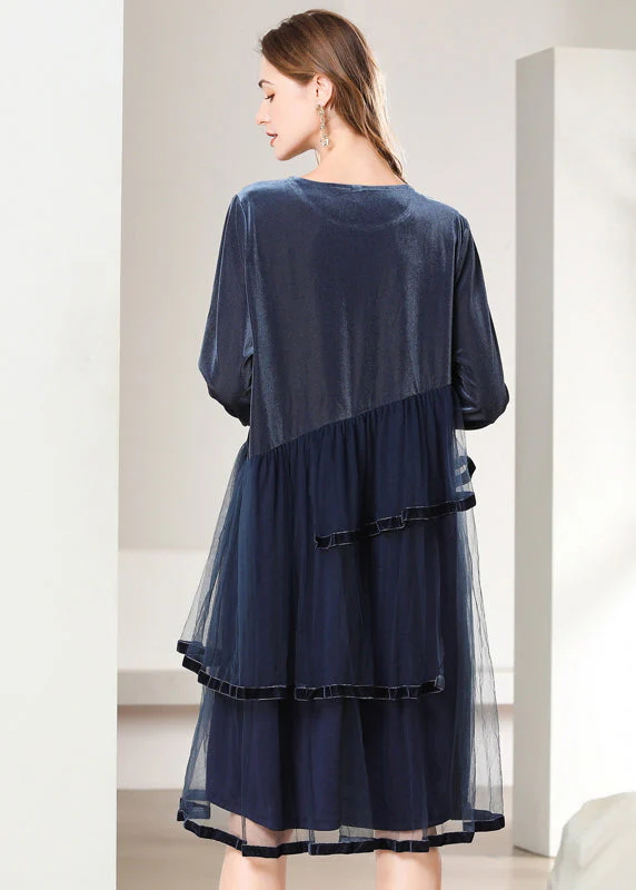 French Navy Asymmetrical Tulle Patchwork Silk Velour Dresses Spring - Image 4