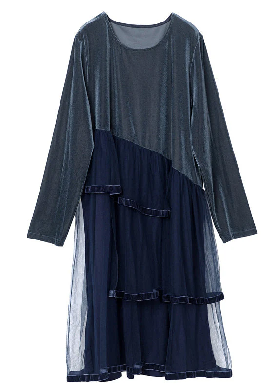 French Navy Asymmetrical Tulle Patchwork Silk Velour Dresses Spring - Image 5