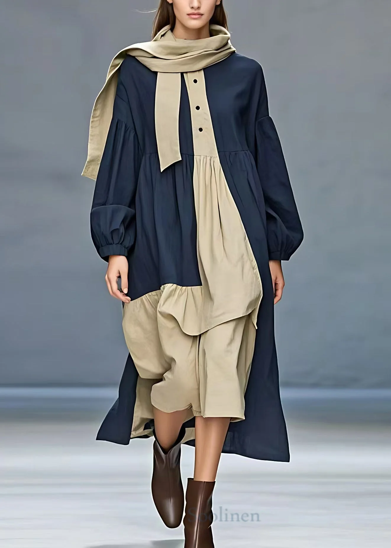 French Navy Bow Patchwork Cotton Long Dresses Long Sleeve - Image 2