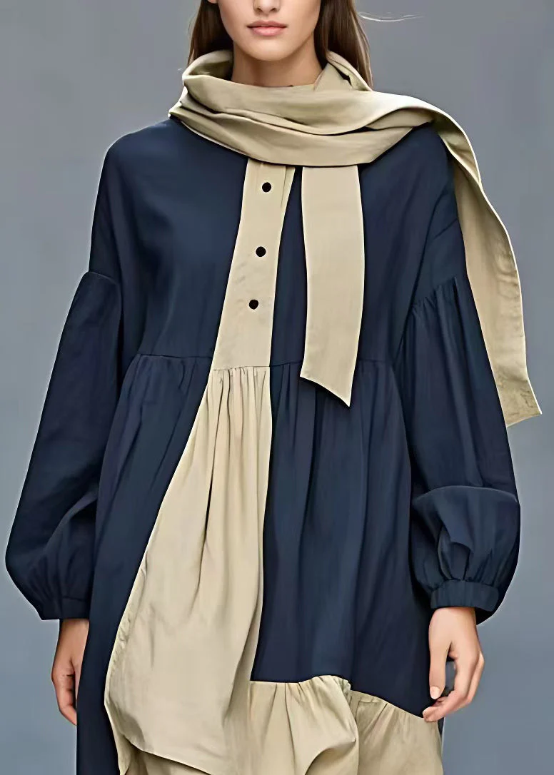 French Navy Bow Patchwork Cotton Long Dresses Long Sleeve - Image 3
