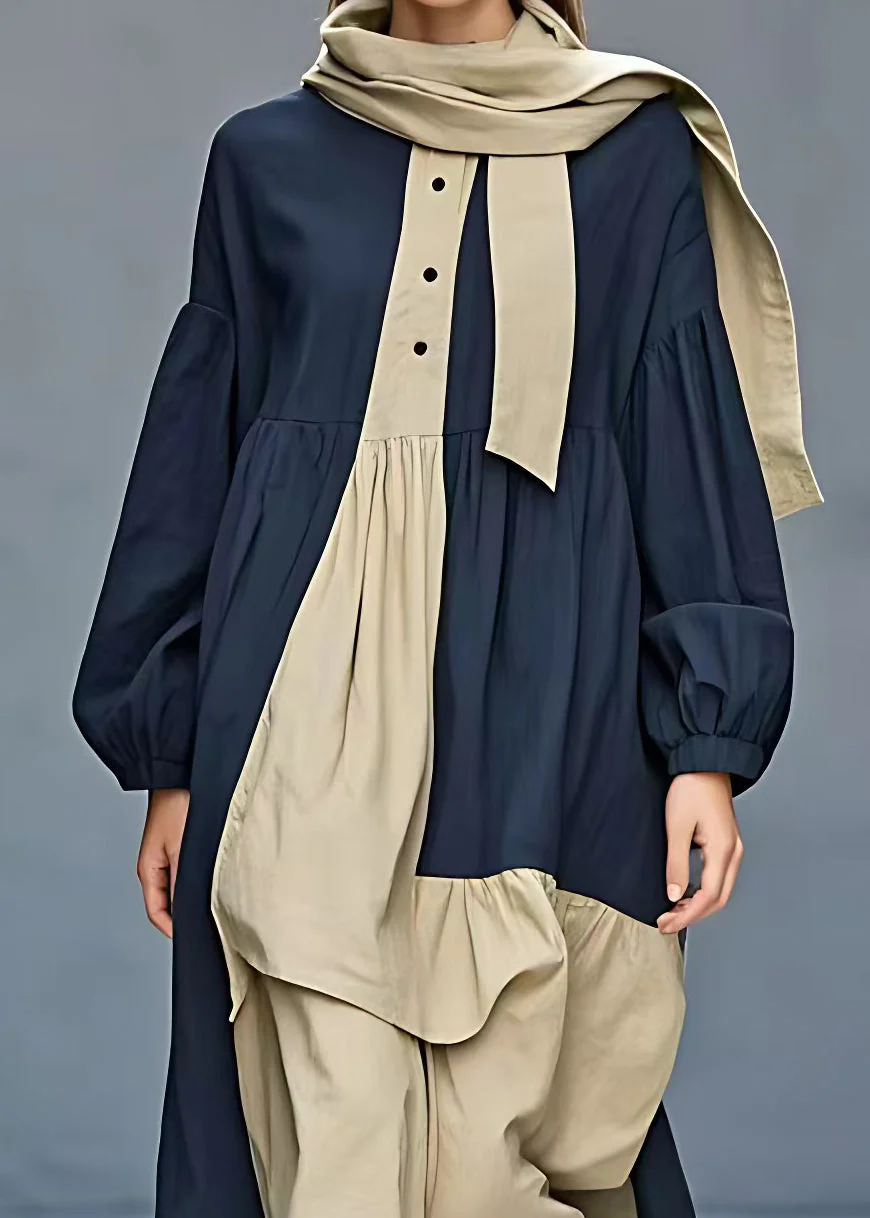 French Navy Bow Patchwork Cotton Long Dresses Long Sleeve - Image 4