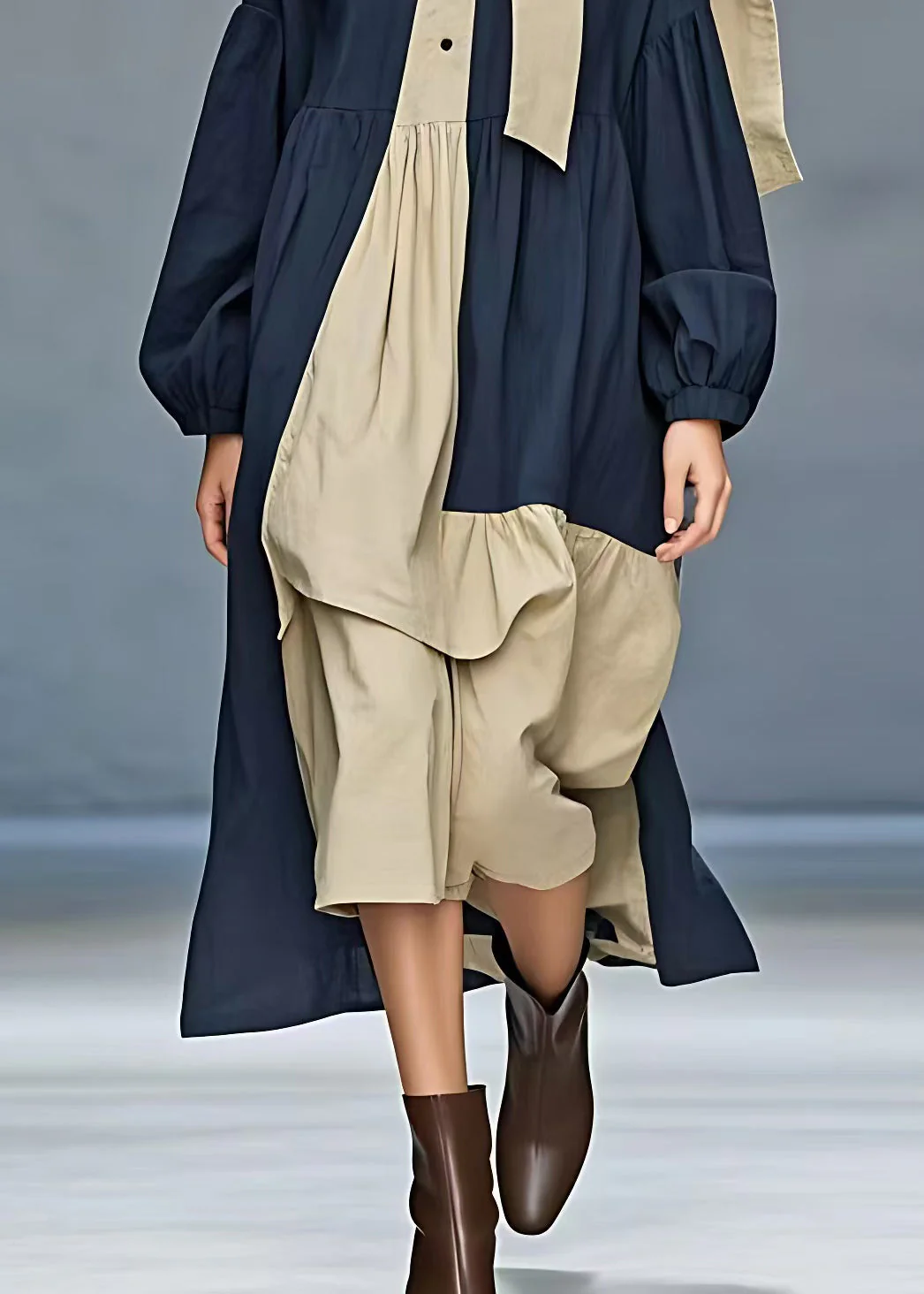 French Navy Bow Patchwork Cotton Long Dresses Long Sleeve - Image 5