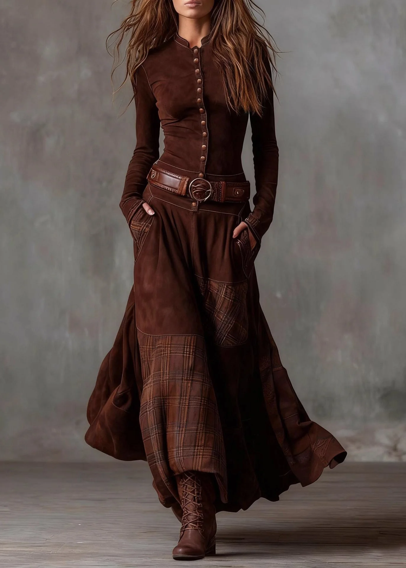 French Navy Button Pockets Plaid Patchwork Faux Suede Maxi Dresses Spring - Image 2