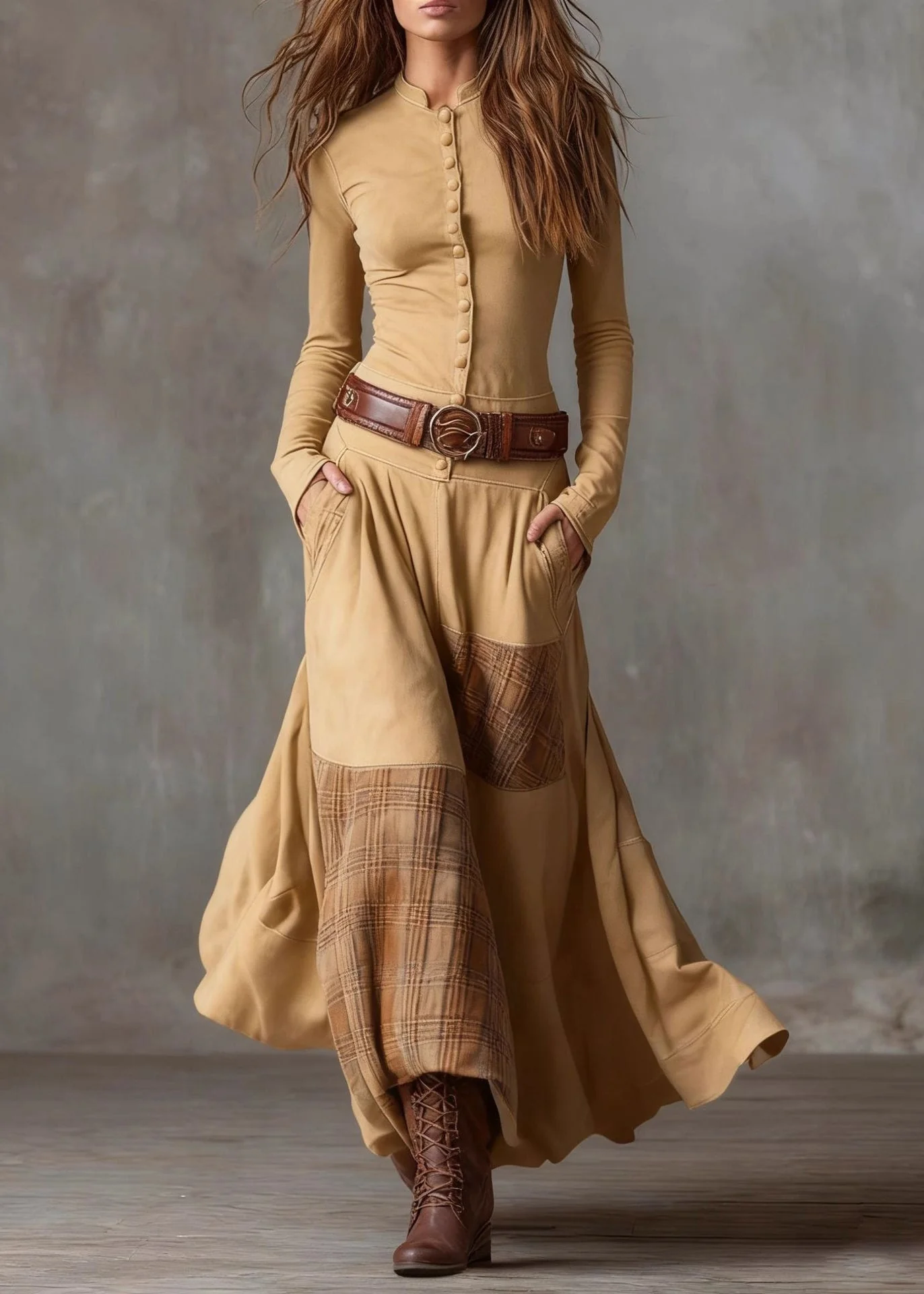 French Navy Button Pockets Plaid Patchwork Faux Suede Maxi Dresses Spring - Image 3