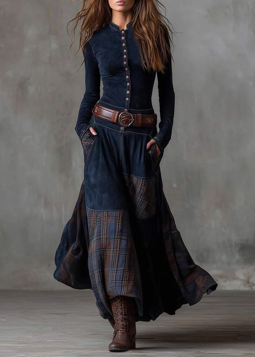 French Navy Button Pockets Plaid Patchwork Faux Suede Maxi Dresses Spring - Image 4