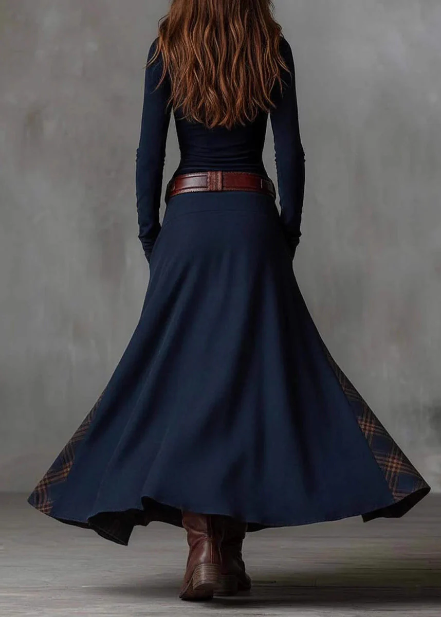 French Navy Button Pockets Plaid Patchwork Faux Suede Maxi Dresses Spring - Image 5