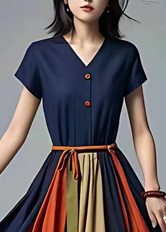 French Navy Cinched Exra Large Hem Cotton Ankle Dress Summer - Image 3