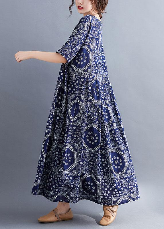 French Navy Exra Large Hem Print Dresses Cotton Linen Summer - Image 2