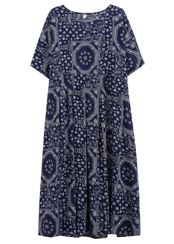 French Navy Exra Large Hem Print Dresses Cotton Linen Summer - Image 4