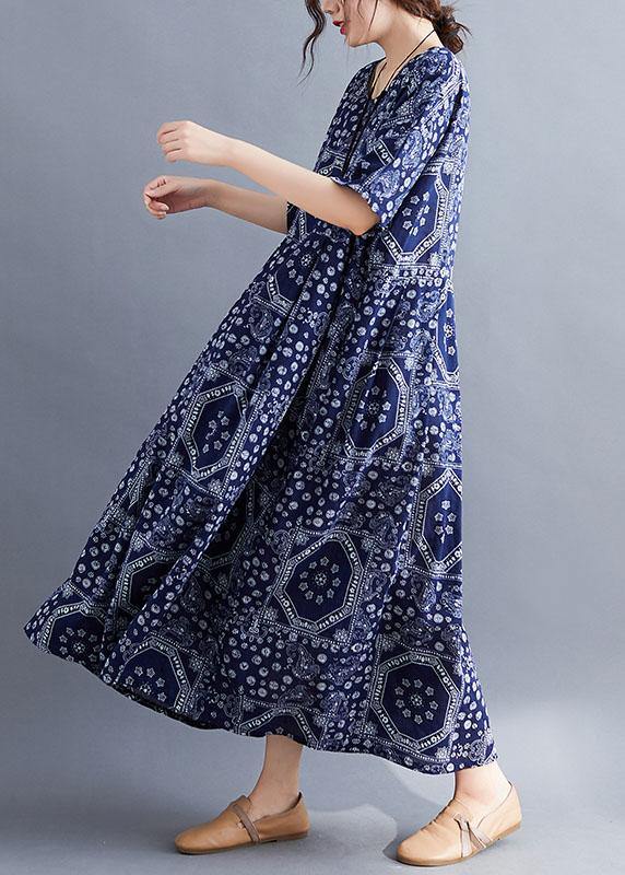 French Navy Exra Large Hem Print Dresses Cotton Linen Summer - Image 5