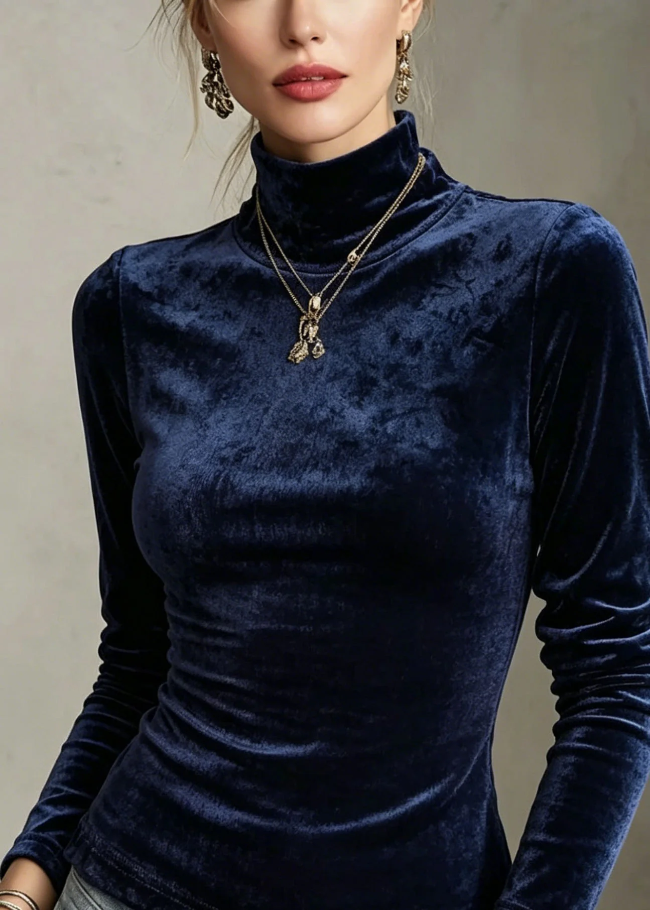 French Navy Hign Neck Slim Fit Velour Blouse Tops Fall - Image 2