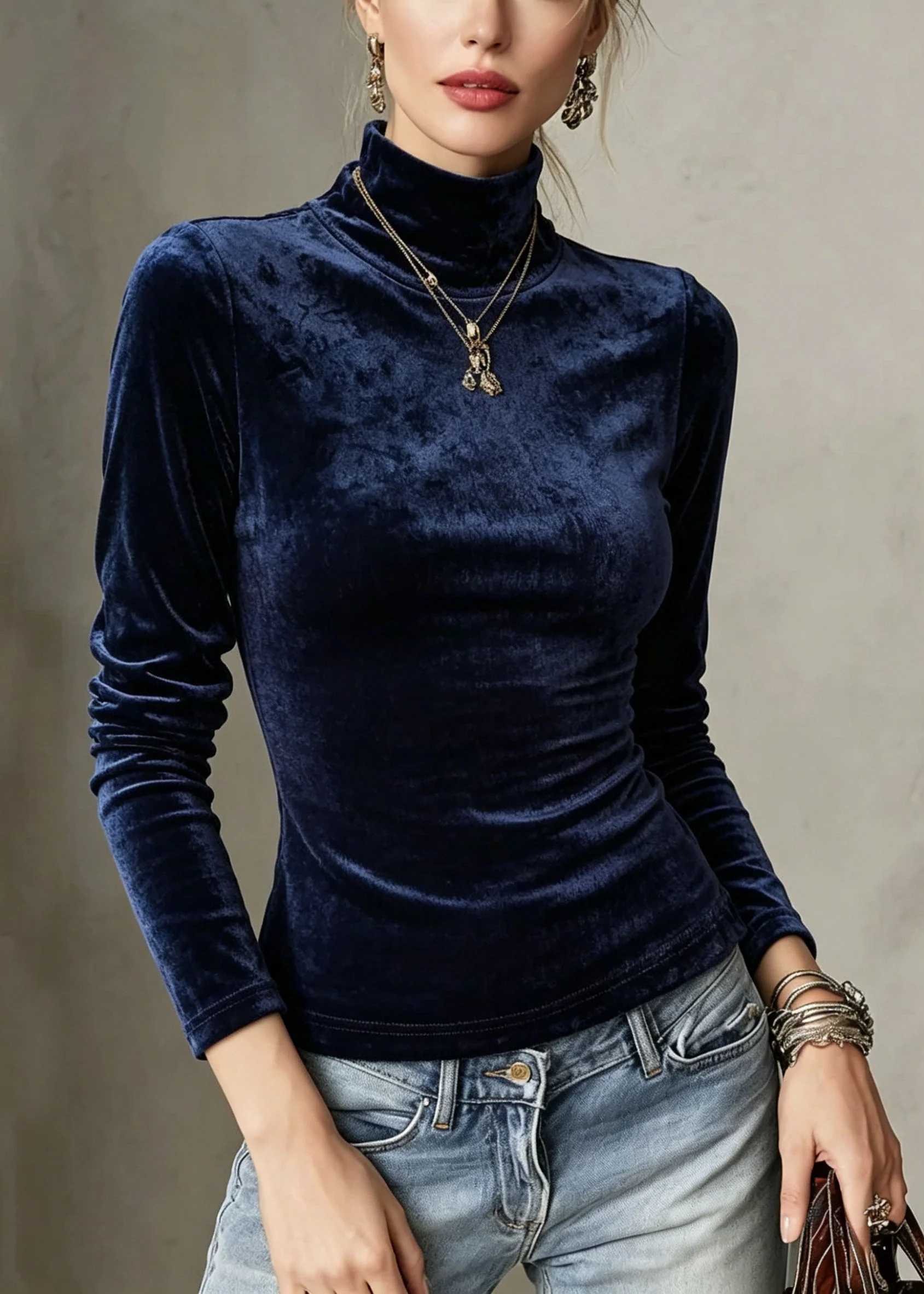 French Navy Hign Neck Slim Fit Velour Blouse Tops Fall - Image 3