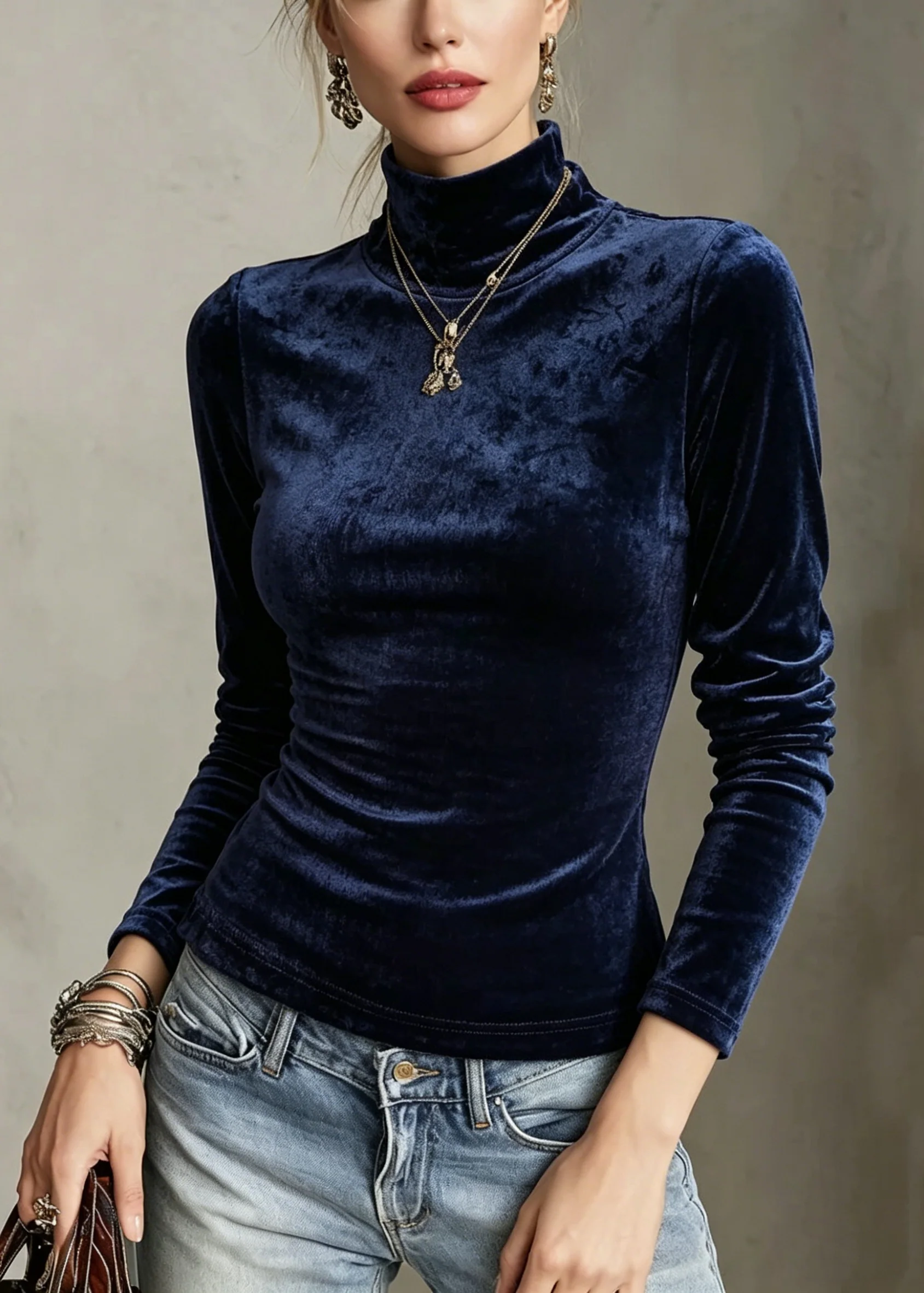 French Navy Hign Neck Slim Fit Velour Blouse Tops Fall - Image 5
