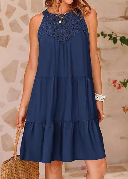 French Navy Hollow Out Cotton A Line Dress Sleeveless - Image 2