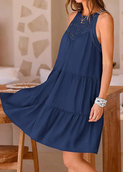 French Navy Hollow Out Cotton A Line Dress Sleeveless - Image 3