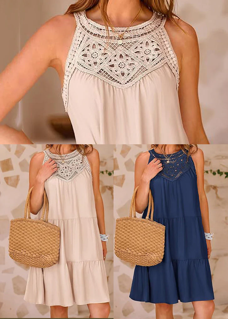 French Navy Hollow Out Cotton A Line Dress Sleeveless - Image 5