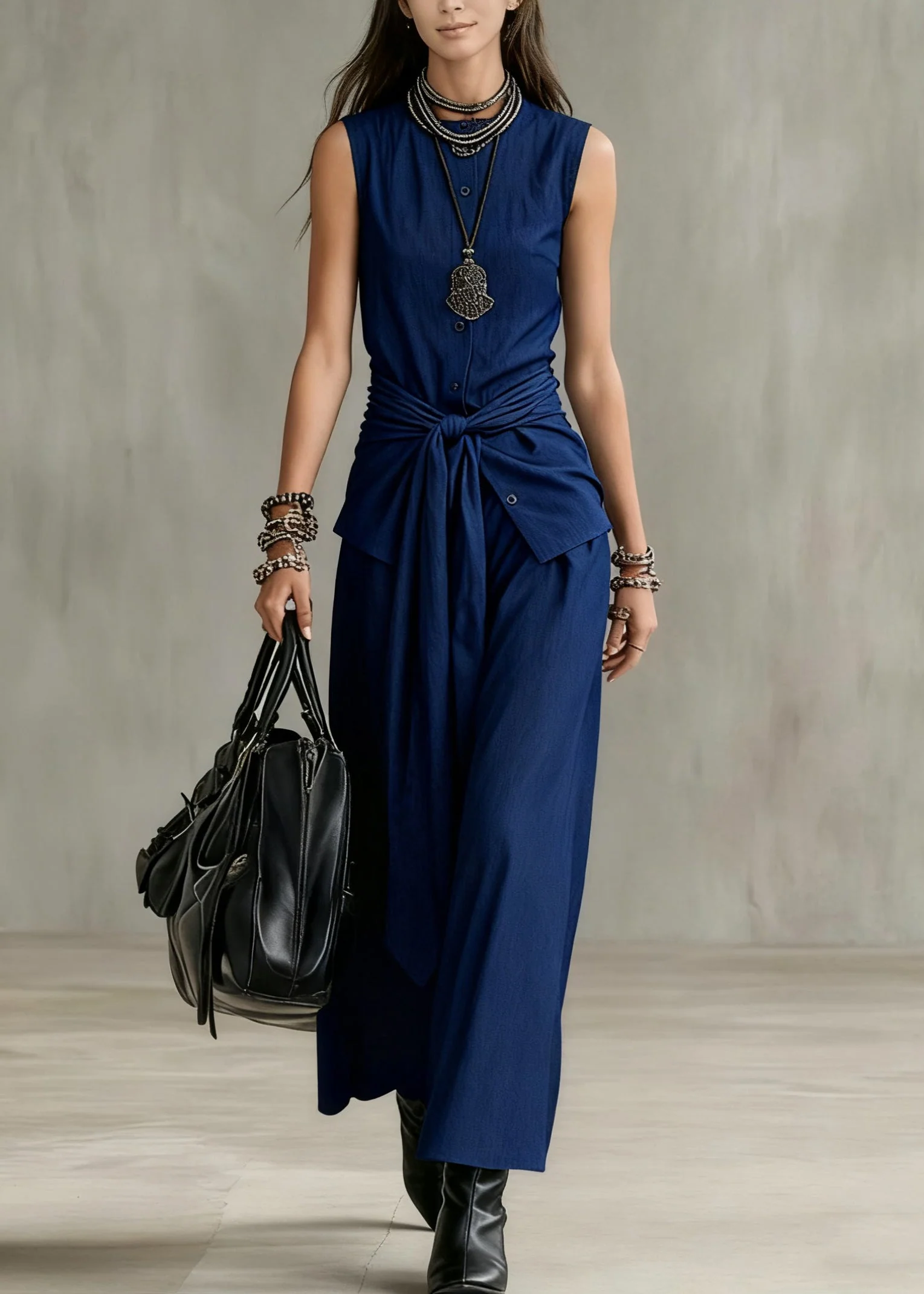 French Navy O Neck Button Tie Waist Denim Two Pieces Set Sleeveless - Image 5