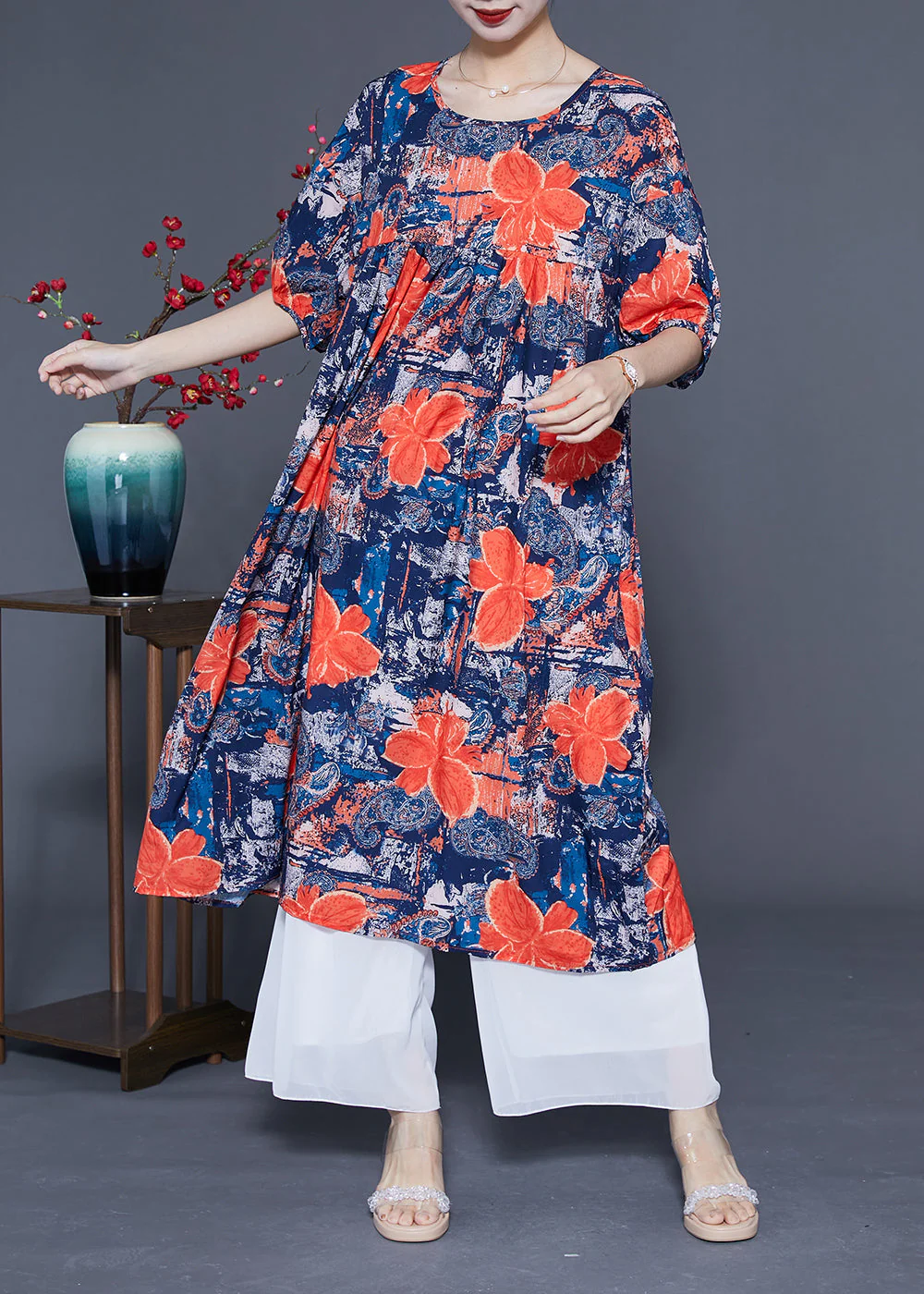 French Navy O-Neck Floral Print Silk Maxi Dress Summer - Image 3