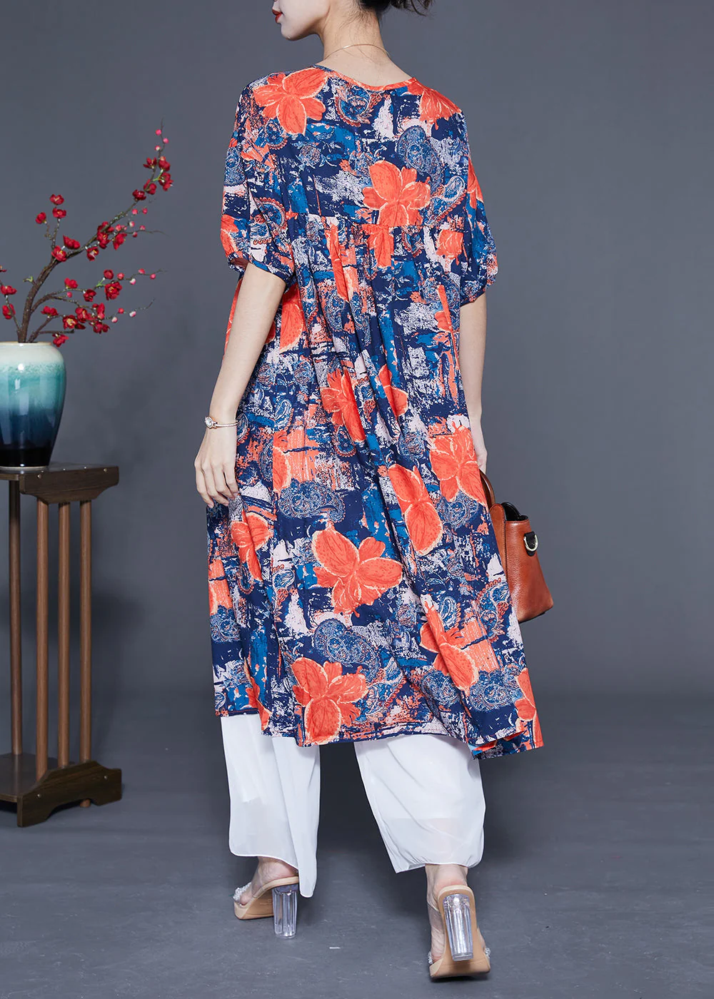French Navy O-Neck Floral Print Silk Maxi Dress Summer - Image 4