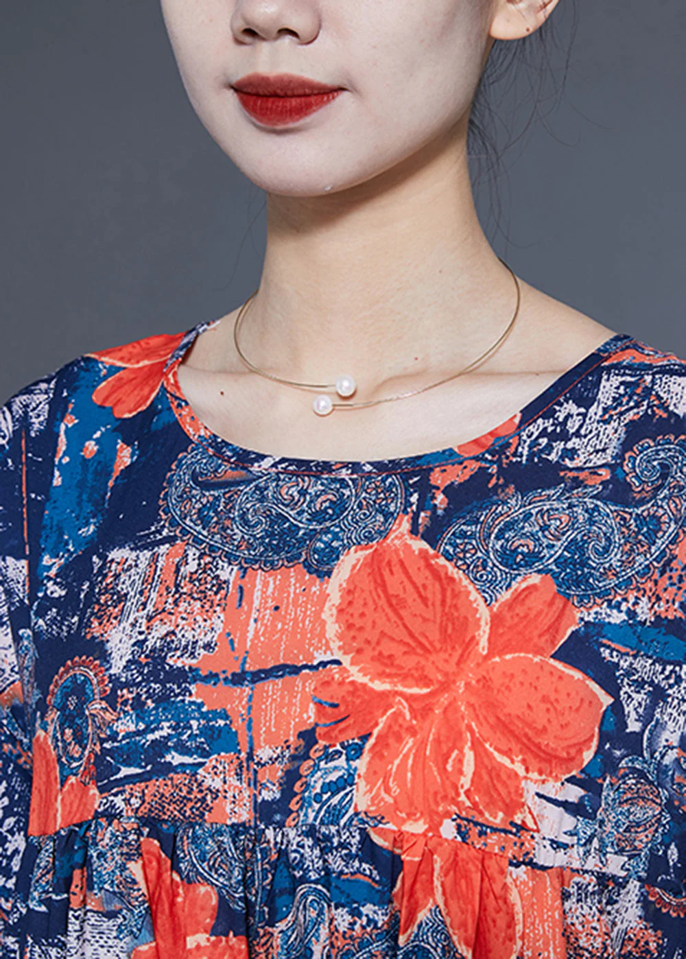 French Navy O-Neck Floral Print Silk Maxi Dress Summer - Image 5