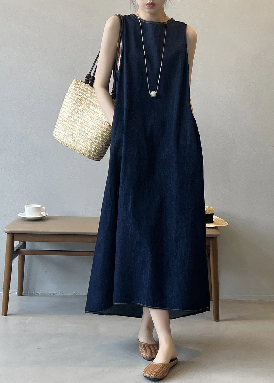 French Navy O Neck Pockets Denim Long Dress Sleeveless - Image 2