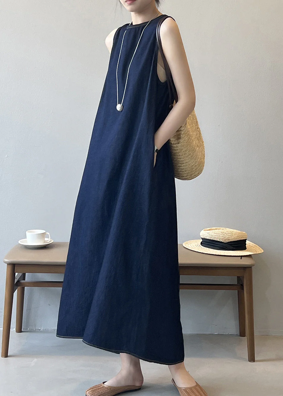 French Navy O Neck Pockets Denim Long Dress Sleeveless - Image 3