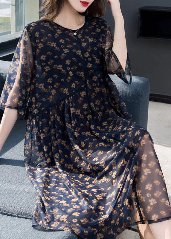 French Navy O Neck Print Patchwork Chiffon Dresses Summer - Image 2