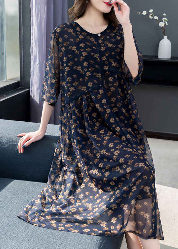 French Navy O Neck Print Patchwork Chiffon Dresses Summer - Image 3