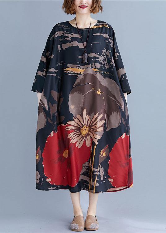 French Navy O-Neck Print Summer Loose Dresses Half Sleeve - Image 2
