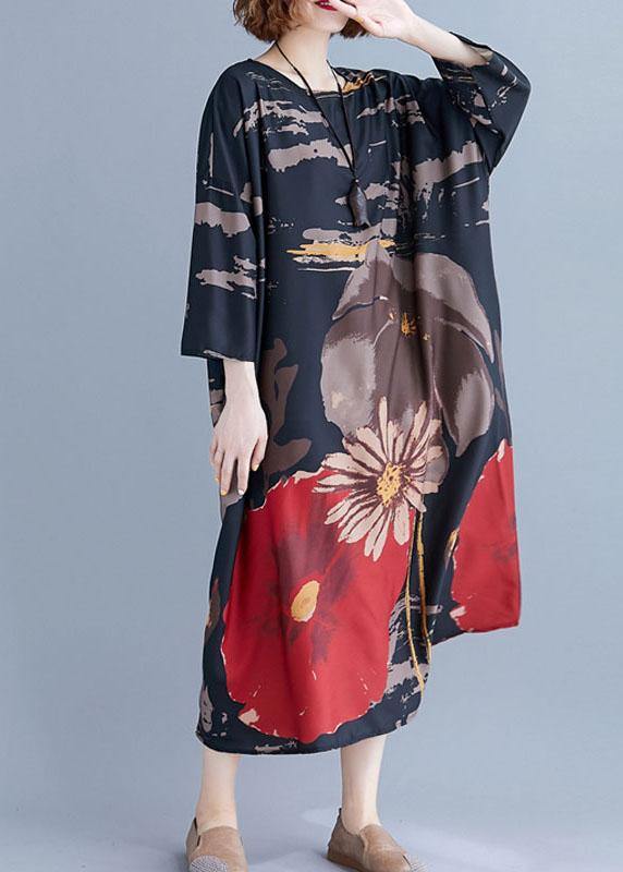 French Navy O-Neck Print Summer Loose Dresses Half Sleeve - Image 3