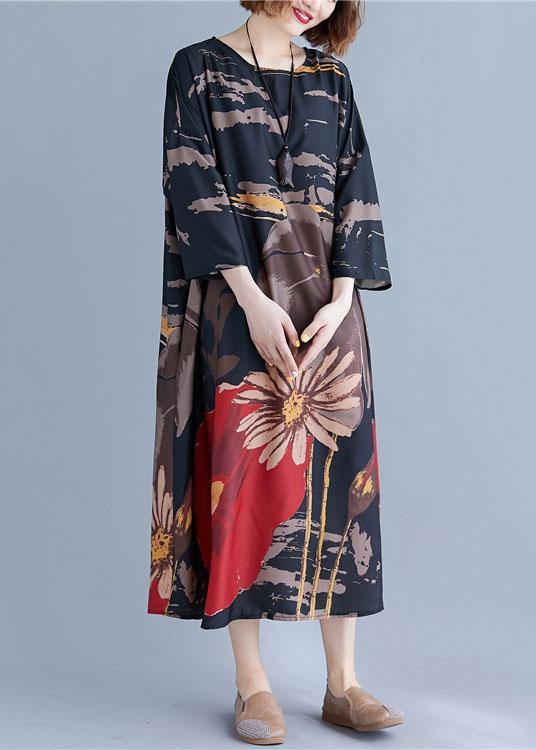 French Navy O-Neck Print Summer Loose Dresses Half Sleeve - Image 4