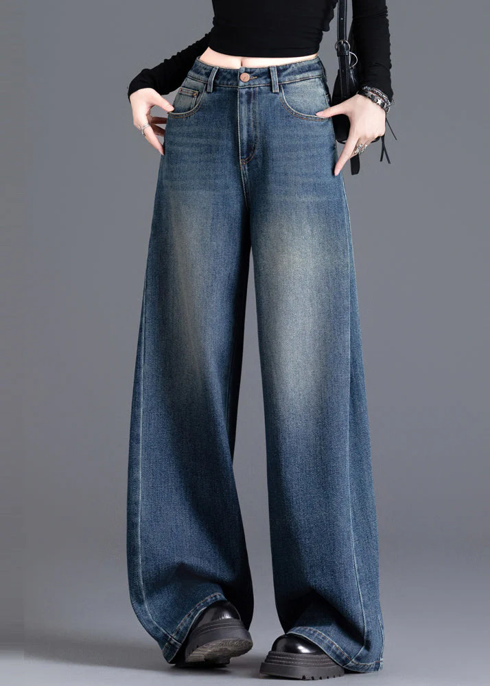 French Navy Oversized Wrinkled Denim Wide Leg Skirt Spring - Image 2