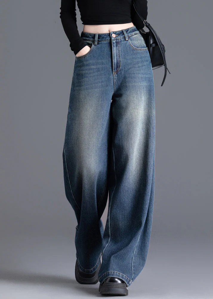 French Navy Oversized Wrinkled Denim Wide Leg Skirt Spring - Image 3