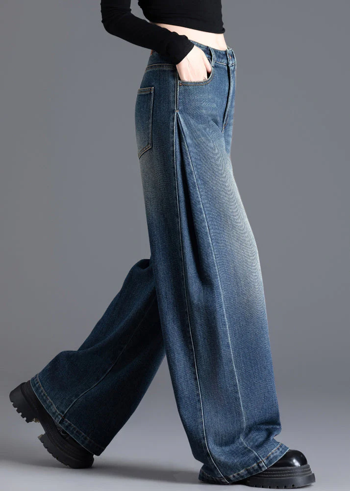 French Navy Oversized Wrinkled Denim Wide Leg Skirt Spring - Image 4