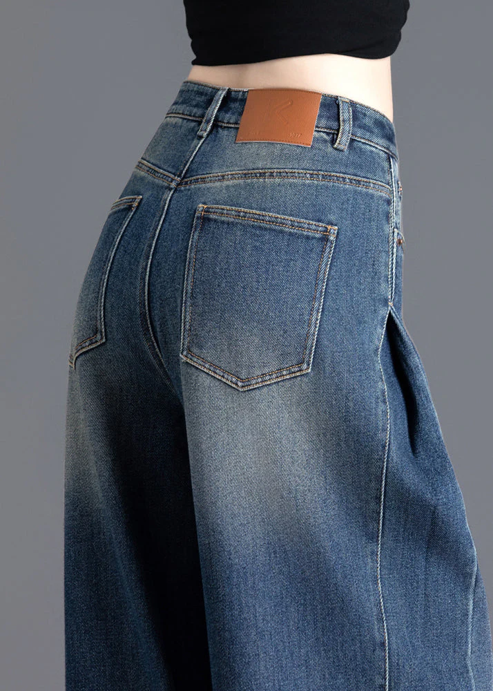 French Navy Oversized Wrinkled Denim Wide Leg Skirt Spring - Image 5