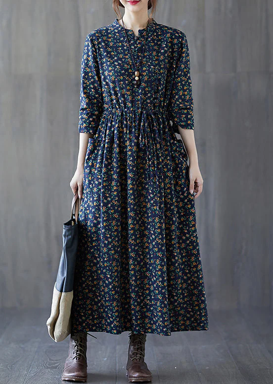 French Navy Print Lace Up Patchwork Cotton Long Dress Fall - Image 3