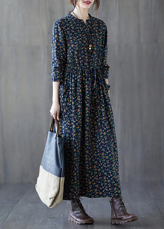 French Navy Print Lace Up Patchwork Cotton Long Dress Fall - Image 4