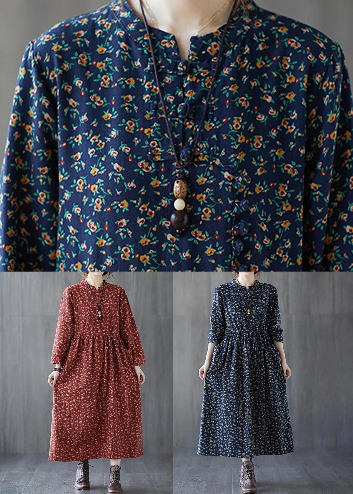 French Navy Print Lace Up Patchwork Cotton Long Dress Fall - Image 5